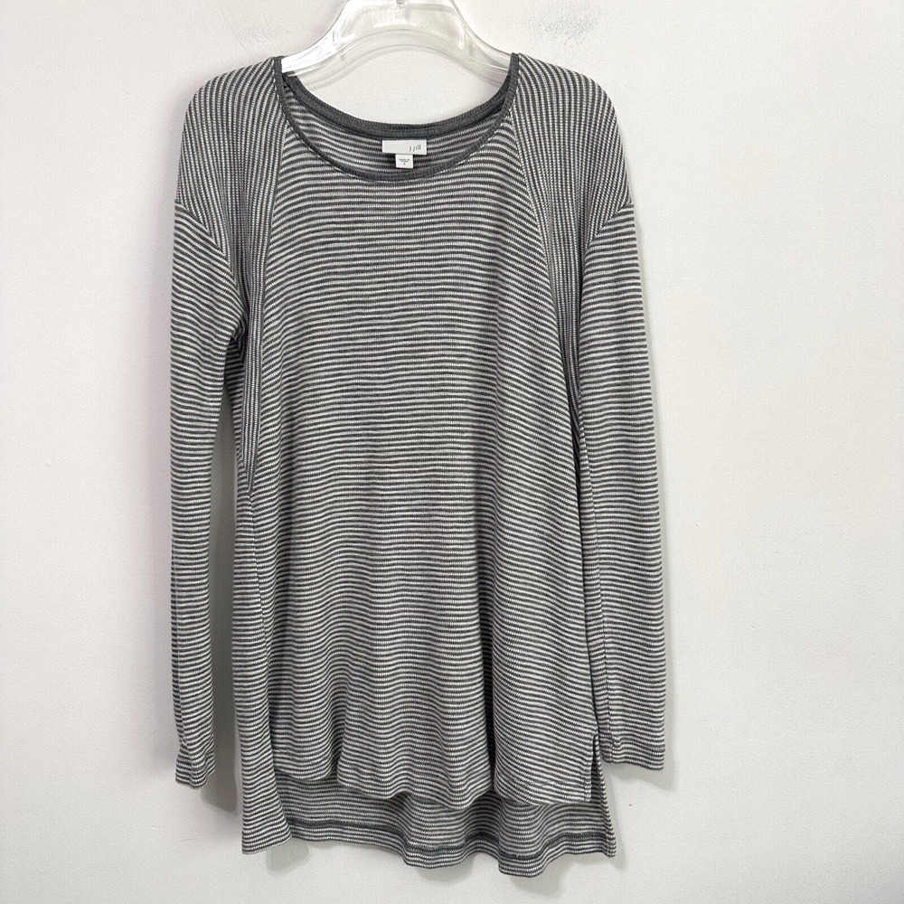 J Jill Textured Knit Tunic S Gray Stripe Long Sleeve Sweater Top Hi Low Hem